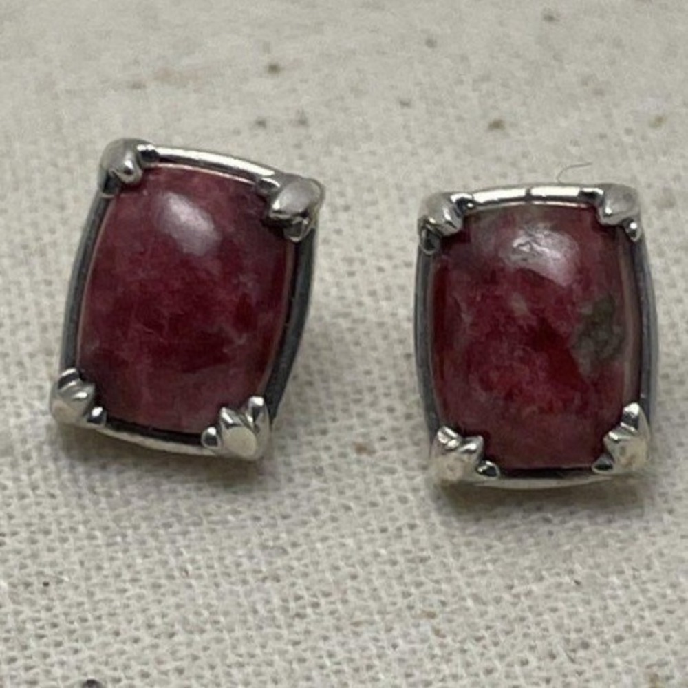 D'Joy 925 Sterling Silver Rhodonite Gemstone Stud Earrings Cushion Cabochon